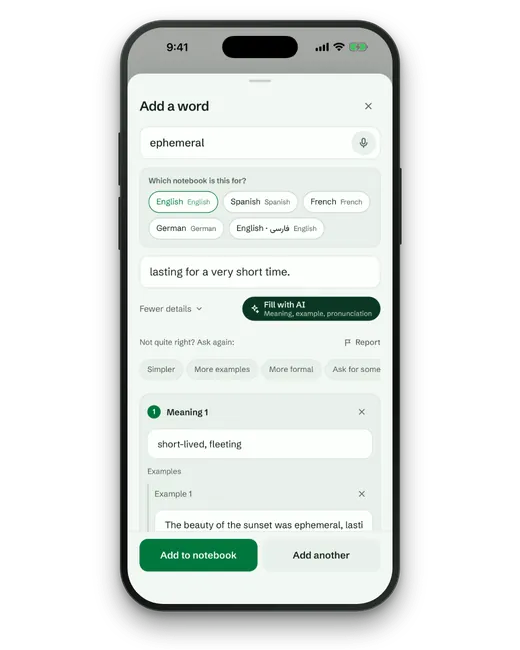 Lexpad’s Add a word sheet on an iPhone after Fill with AI: ephemeral, its notebook, its meaning, short-lived and fleeting, and an example