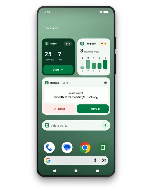 An Android home screen with the Lexpad Today, Progress, Word card and Quick add widgets, and the Word card turned over: actuellement, currently, at the moment (NOT actually), with Didn’t and Knew it