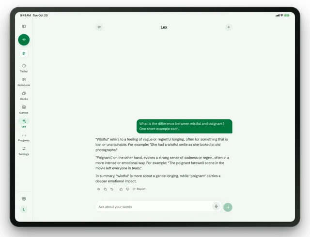 Lex on an iPad comparing wistful and poignant with an example of each