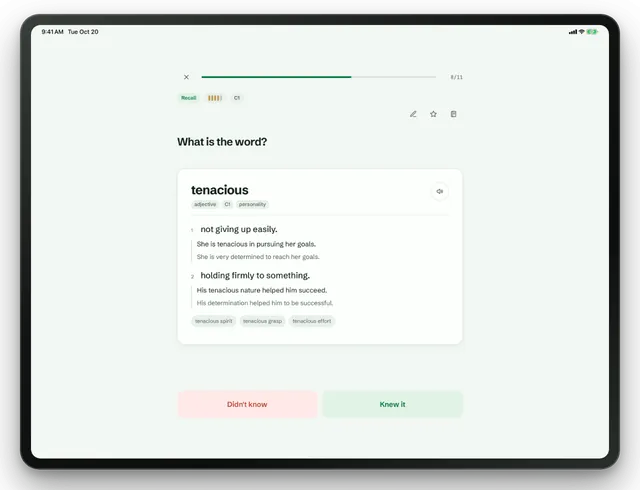 A Lexpad recall card on an iPad: What is the word? tenacious, two meanings with examples, and large Didn’t know and Knew it buttons