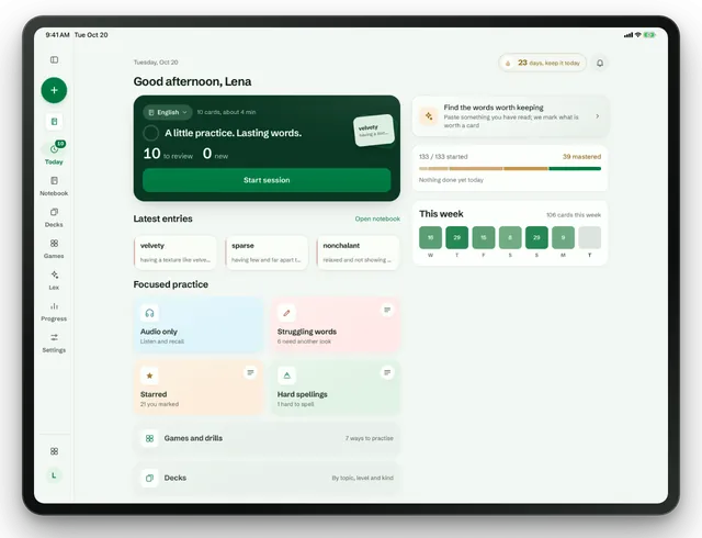 Lexpad’s Today screen on an iPad in landscape, in two columns: a practice session with 10 words to review, the latest words and focused practice on the left; Words worth keeping, progress and this week on the right
