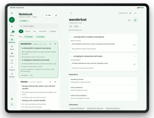 Lexpad’s notebook on an iPad: the word list on the left, and wanderlust open on the right with two meanings, examples, expressions and collocations