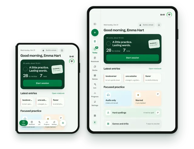 Lexpad’s Today on an iPhone Duo, folded and opened. Folded: the phone layout with a practice session ready, 28 to review and 7 new. Opened: the tablet layout with the sidebar, the same session, the latest entries and focused practice