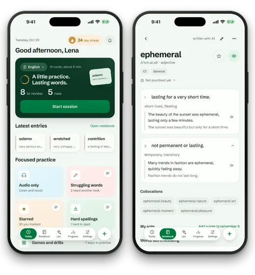 Two iPhones with Lexpad: Today with a practice session ready, 8 words to review and 5 new, and the card for ephemeral with its two meanings, examples and collocations