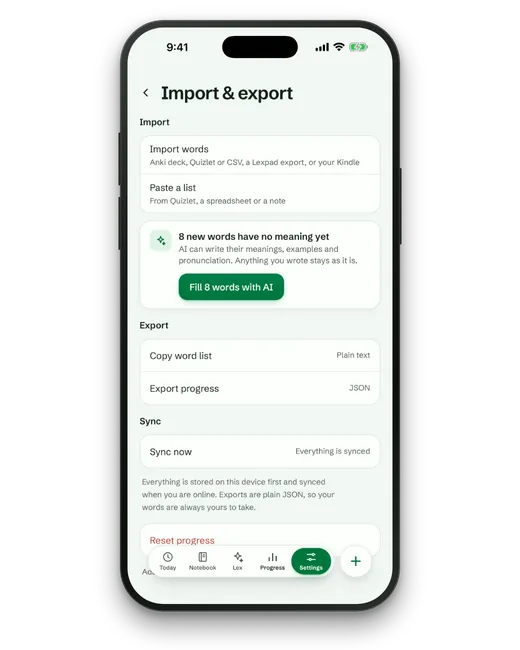 Lexpad’s Import and export screen on an iPhone: Import words from an Anki deck, Quizlet, CSV, a Lexpad export or a Kindle; Paste a list; 8 new words have no meaning yet, with a Fill 8 words with AI button; Export and Sync