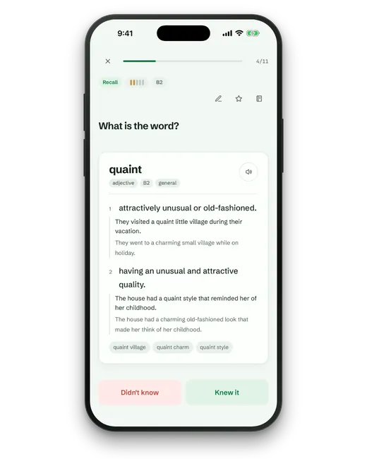 A Lexpad recall card on an iPhone, card 4 of 11: What is the word? quaint, with two meanings and their examples, and Didn’t know and Knew it buttons
