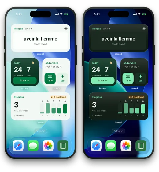 The same iPhone Home Screen in light and in dark with Lexpad’s widgets: the Word card showing avoir la flemme, Today with 24 to review and 7 new and a Start button, Add a word with Type and Say, and Progress with 3 new this week and 8 mastered