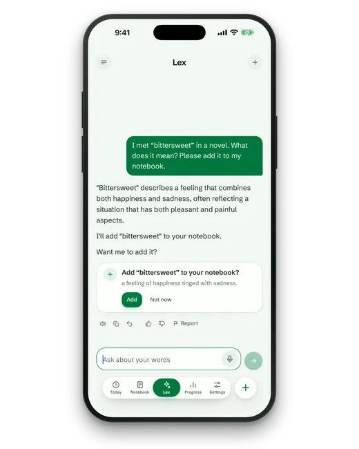 Lex in the Lexpad app on an iPhone: the learner met bittersweet in a novel and asks Lex to add it; Lex explains it and shows a card, Add “bittersweet” to your notebook?, with Add and Not now