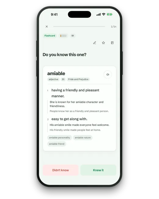 A Lexpad flashcard for amiable turned over on an iPhone, with its two meanings, their examples, and the Didn’t know and Knew it buttons