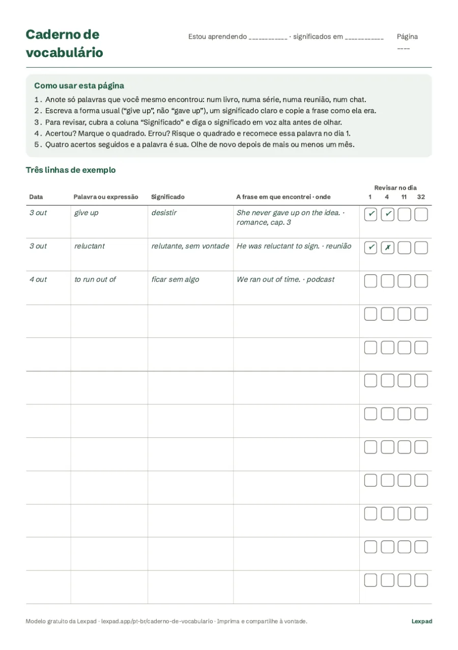 Página 1 do modelo grátis de caderno de vocabulário: instruções, três linhas de exemplo (give up, reluctant, to run out of) e quadrados para os dias 1, 4, 11 e 32