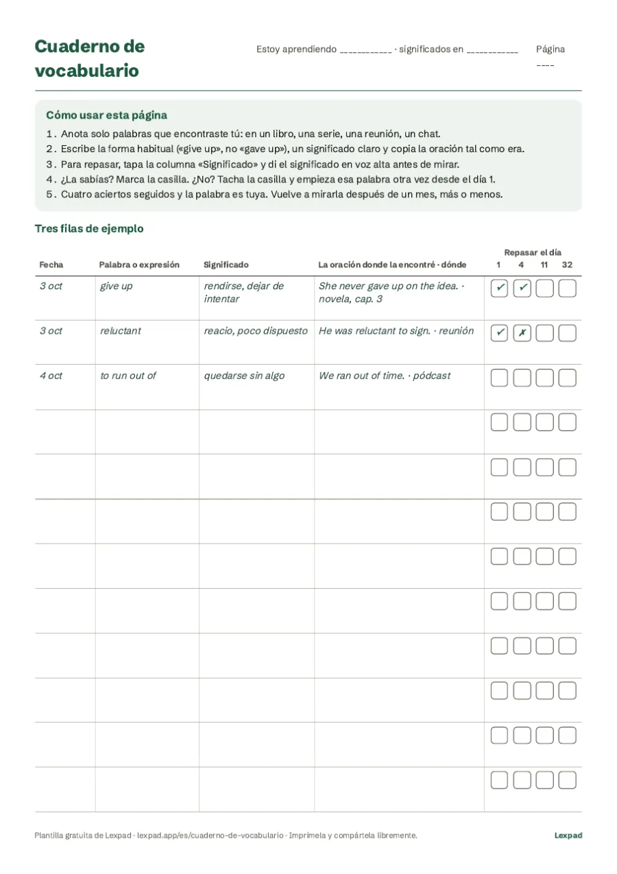 Página 1 de la plantilla gratis de cuaderno de vocabulario: instrucciones, tres filas de ejemplo (give up, reluctant, to run out of) y casillas para los días 1, 4, 11 y 32