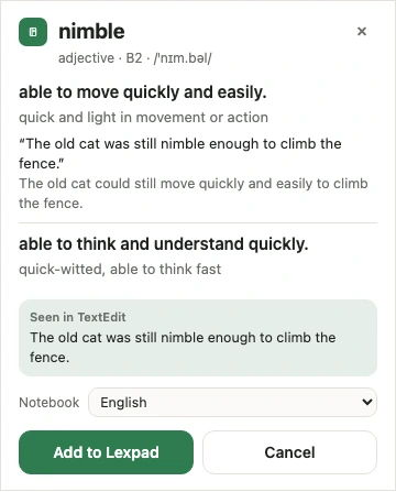 The Lexpad desktop card for nimble with its meanings, the sentence and Seen in TextEdit
