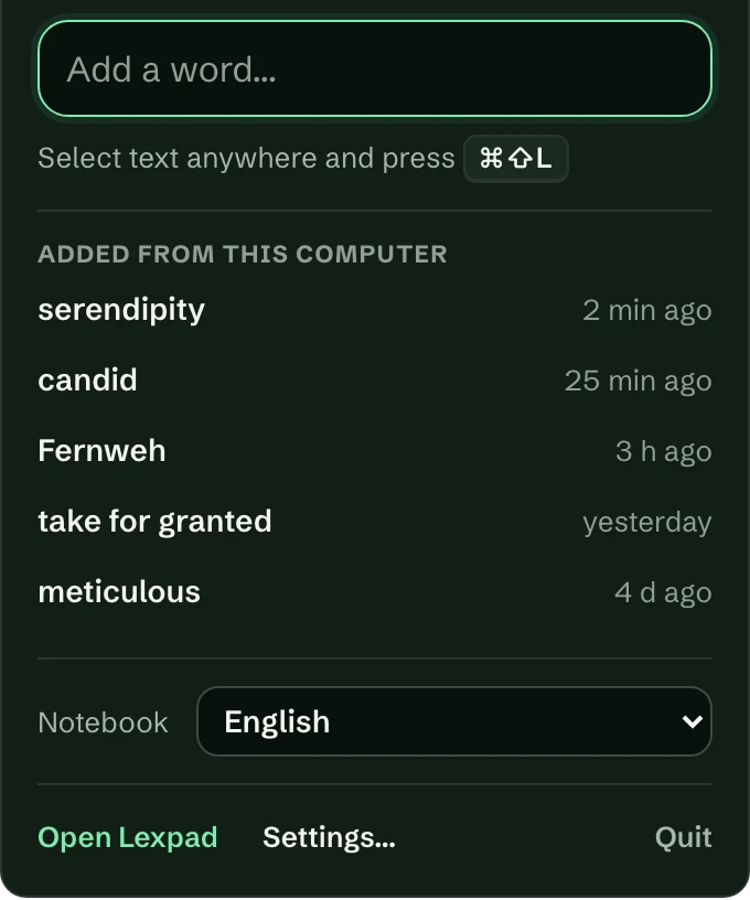 The Lexpad menu-bar panel in dark mode: Add a word, the shortcut, words added from this computer and the notebook picker