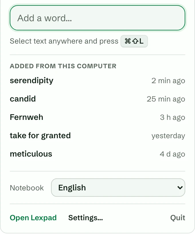 The Lexpad panel on a Mac in light mode: an Add a word box, the shortcut ⌘⇧L, five words added from this computer, the Notebook picker set to English, and Open Lexpad, Settings and Quit