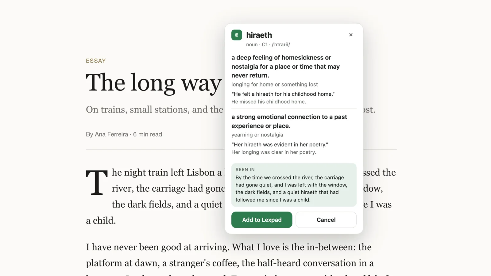 Lexpad’s browser extension explaining hiraeth in an article: two meanings with examples, the sentence it was seen in, and Add to Lexpad