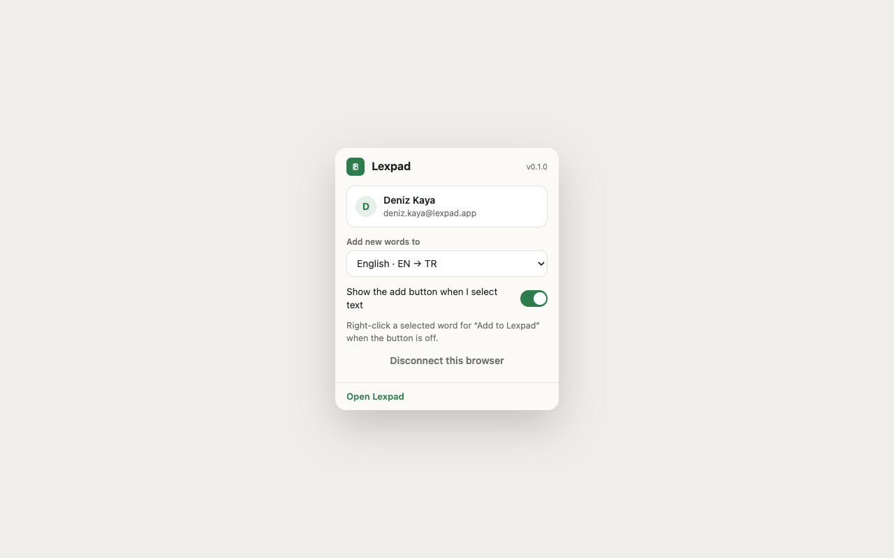 Lexpad extension settings with a notebook selector and a toggle for the text-selection button