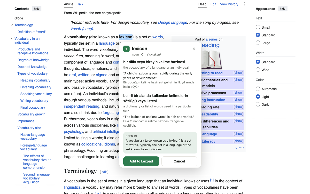 Lexpad’s Firefox extension explaining lexicon on Wikipedia, with meanings, examples, the original sentence and an Add to Lexpad button
