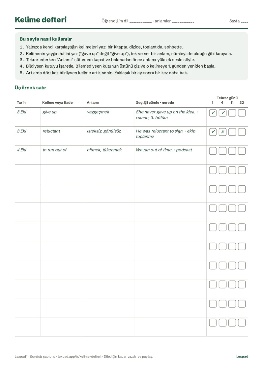 Ücretsiz kelime defteri şablonunun 1. sayfası: kullanım, üç örnek satır (give up, reluctant, to run out of) ve 1., 4., 11. ve 32. gün kutuları