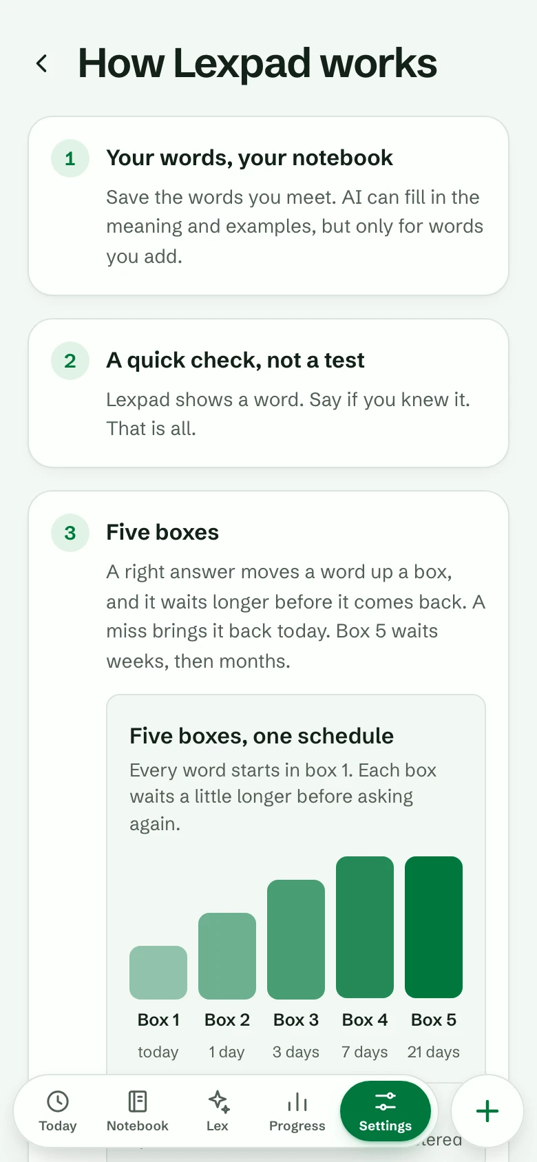 Settings, How Lexpad works: five short cards, from Your words, your notebook to You can change how it works