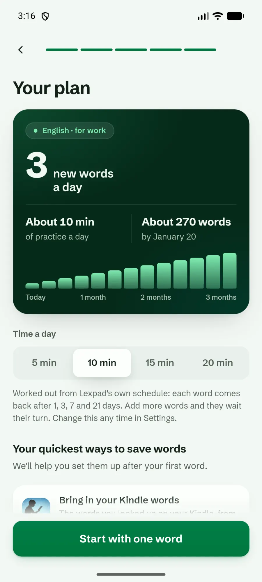 Your plan: English for work, 3 new words a day, about 10 minutes of practice a day, about 270 words by January 20, a growing bar chart, and the choice of 5, 10, 15 or 20 minutes