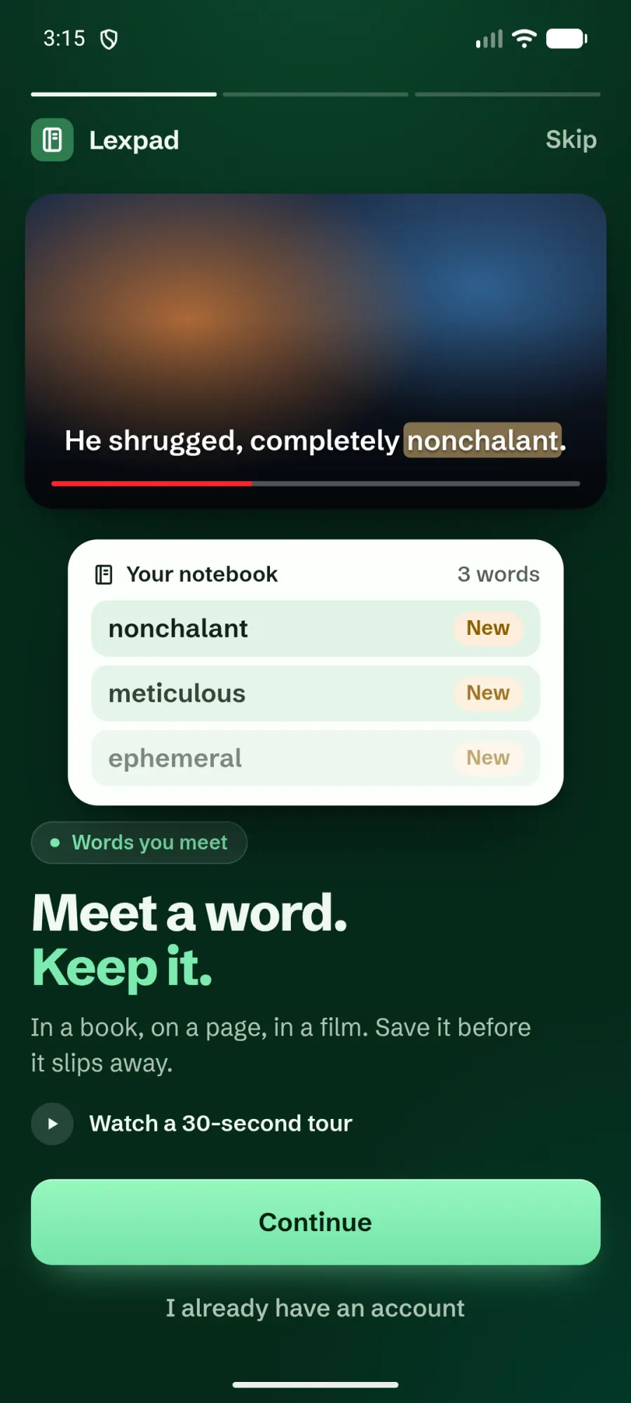 The first story: a film subtitle, He shrugged, completely nonchalant, with Save to Lexpad, and a drawn notebook with three example words, under the title Meet a word. Keep it.