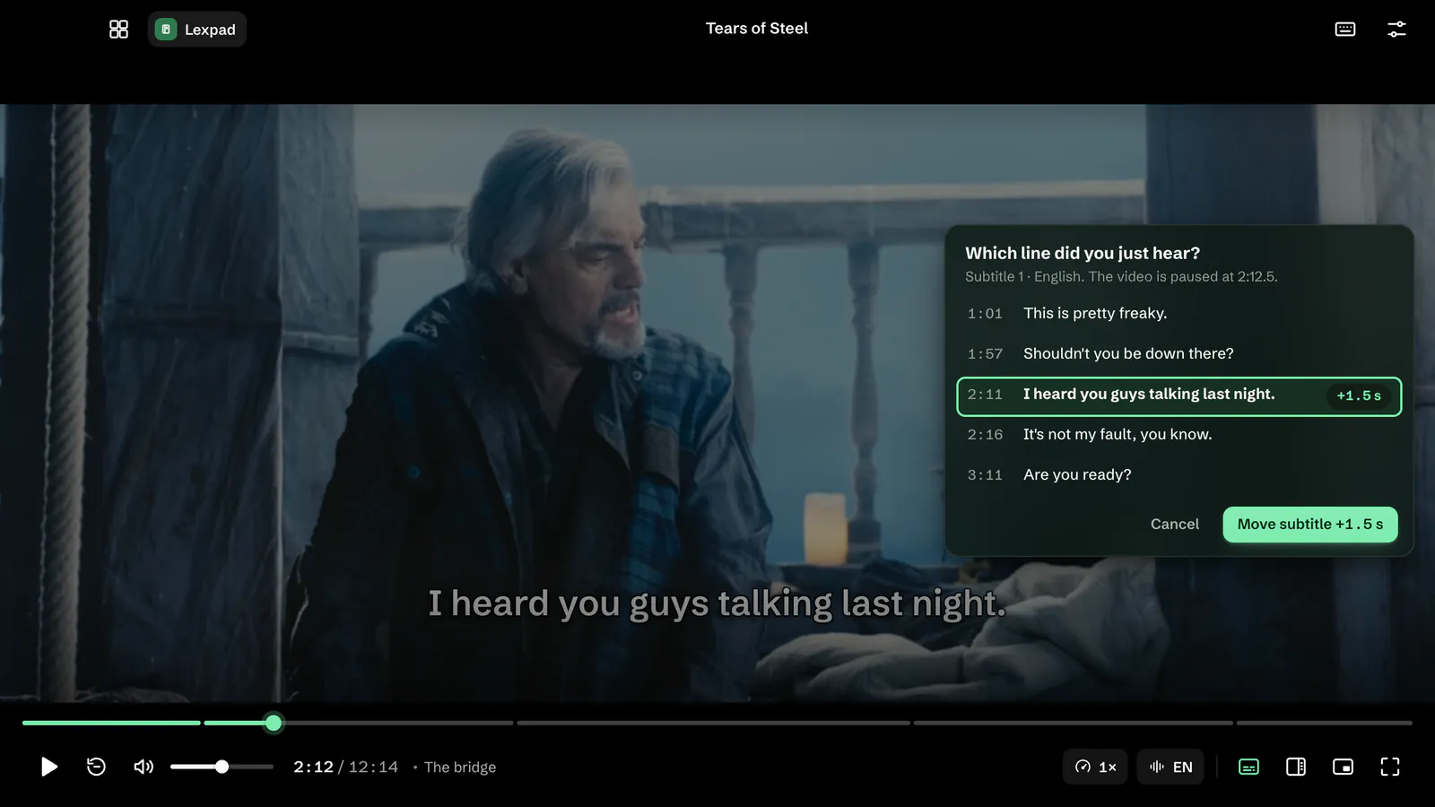 The Which line did you just hear? list in Lexpad Player: five lines around now, one chosen, and a Move subtitle +1.5 s button