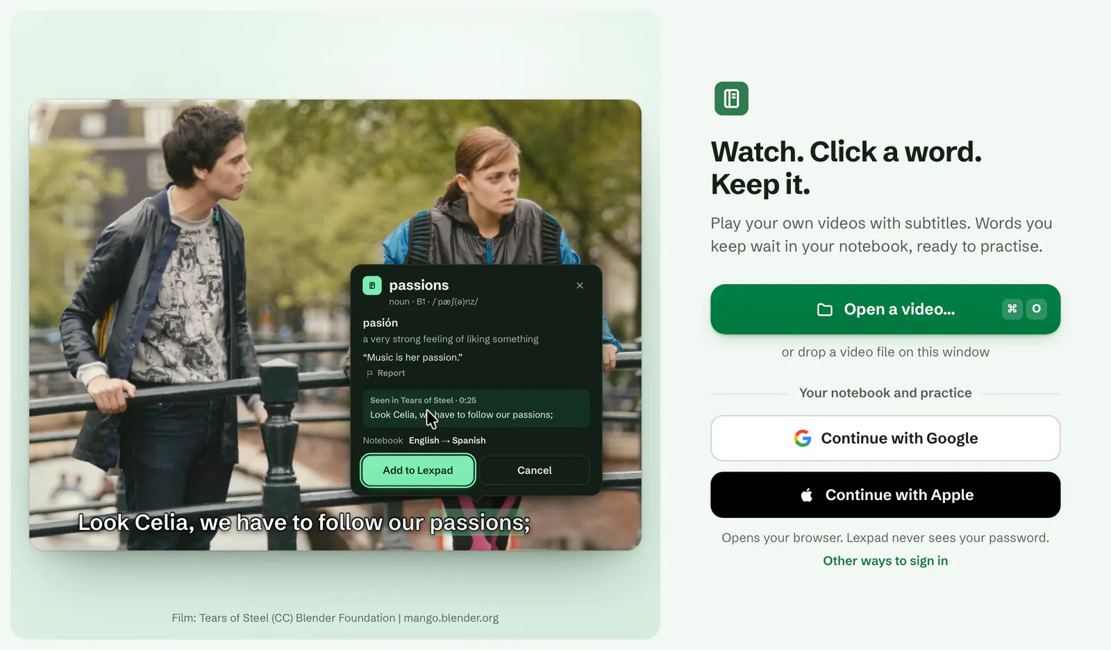 Lexpad’s Start window with Open a video and the sign-in buttons beside it