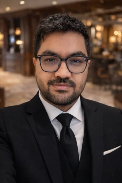 Reza Pirighadim, founder of Lexpad: a portrait of a man with short dark hair, a beard and glasses, in a dark suit and tie