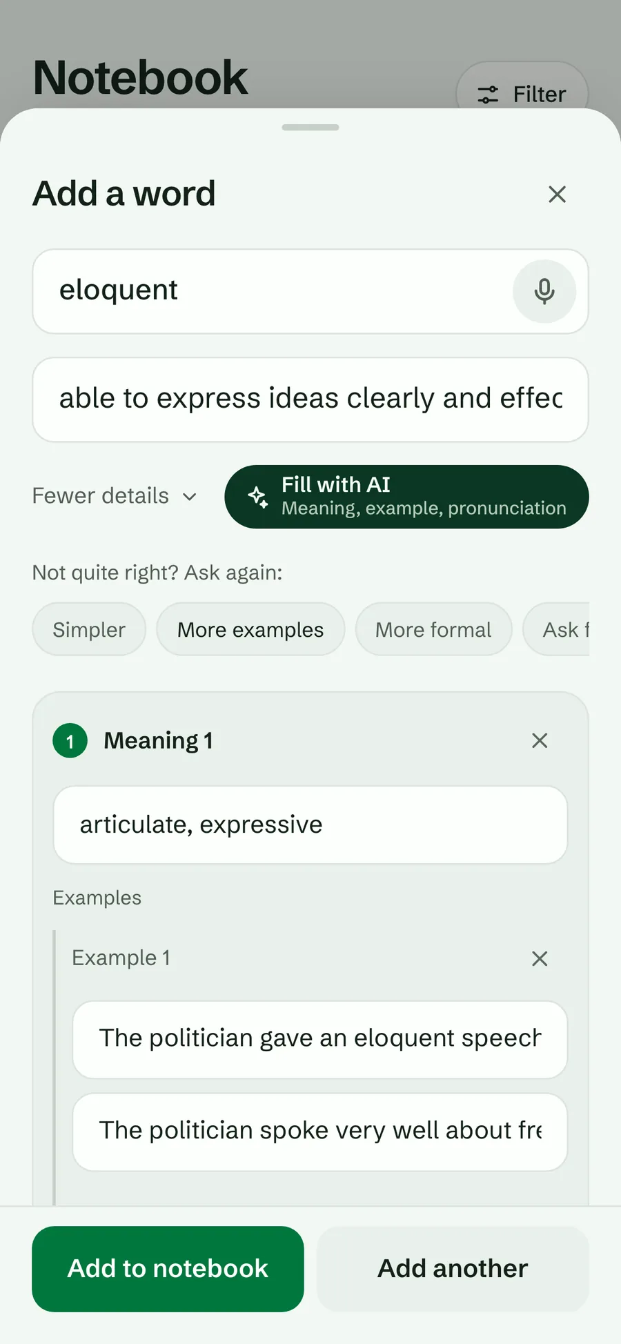 The Add a word sheet: the word eloquent, Fill with AI, and a meaning and examples written in