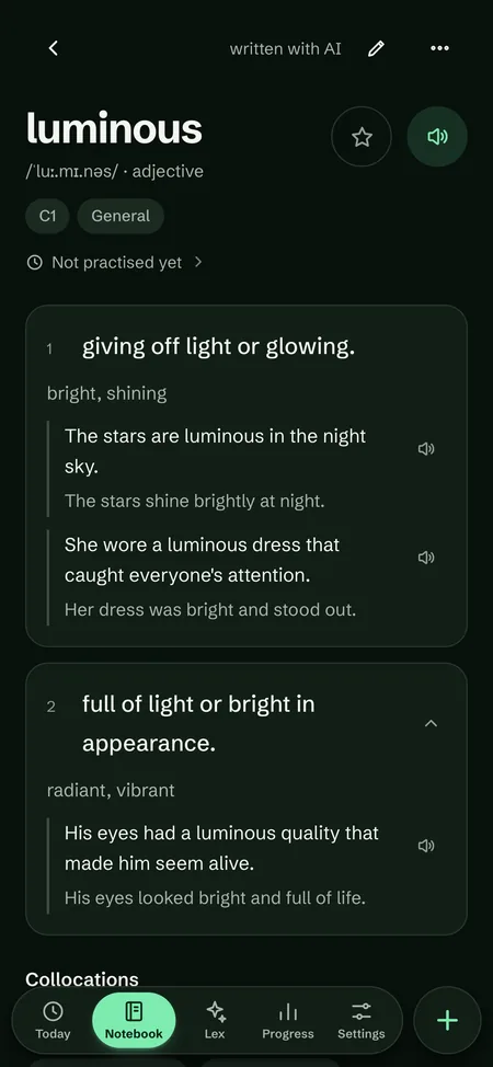 Lexpad’s word page for luminous, written with AI: pronunciation, adjective, level C1, and two meanings, each with examples and their simpler wording
