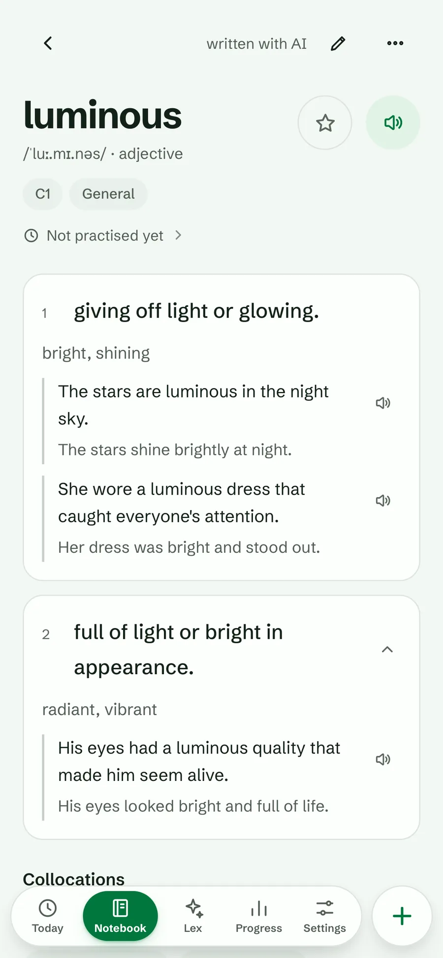 A Lexpad word page in an English notebook: luminous, with pronunciation, adjective, level C1, two meanings with plain English definitions (giving off light or glowing; full of light or bright in appearance), synonyms, and examples each with a plain-words paraphrase
