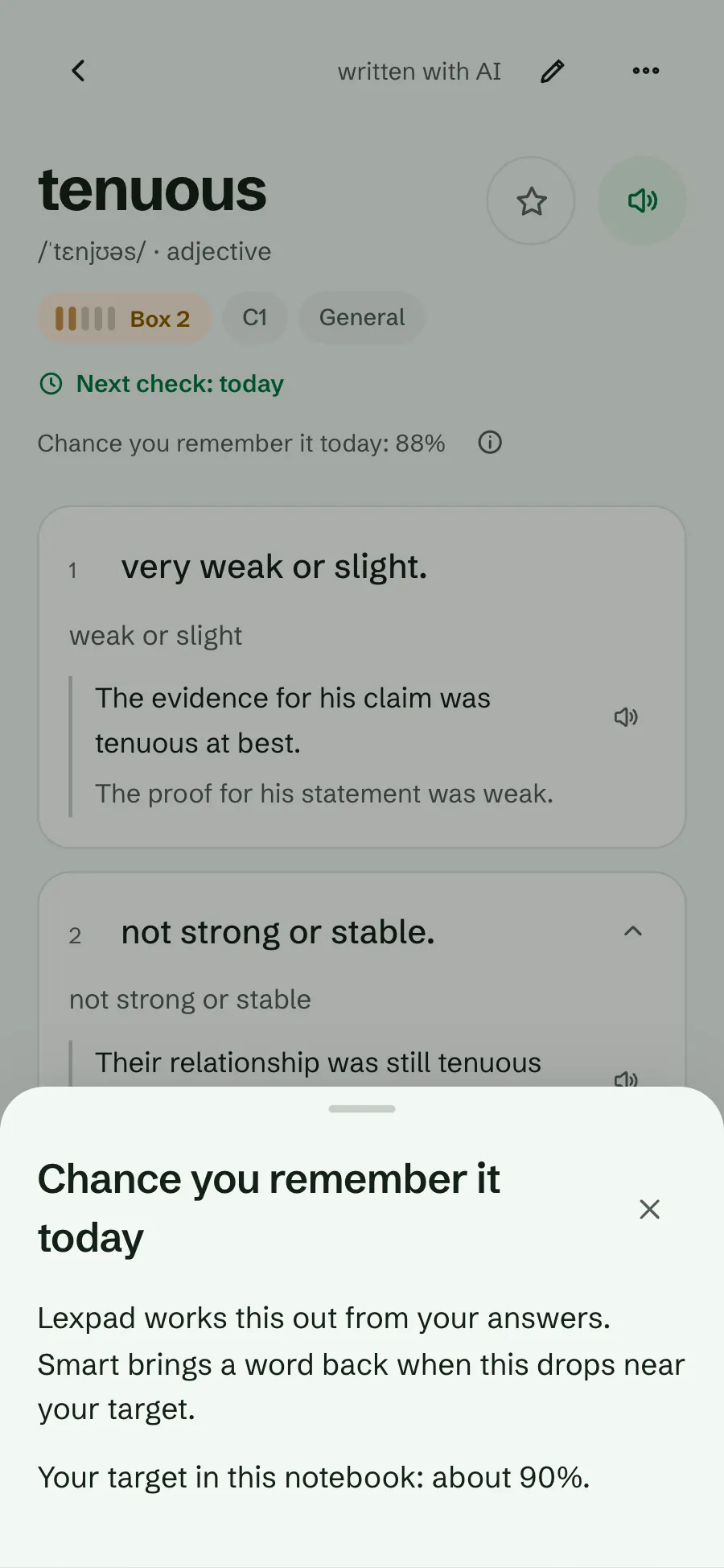 The sheet Chance you remember it today: Lexpad works this out from your answers; Smart brings a word back when this drops near your target; your target in this notebook: about 90%