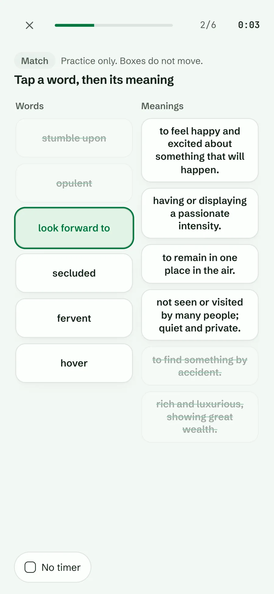 Matchゲーム：自分の単語帳から出た6つの単語と、その意味を組み合わせる画面