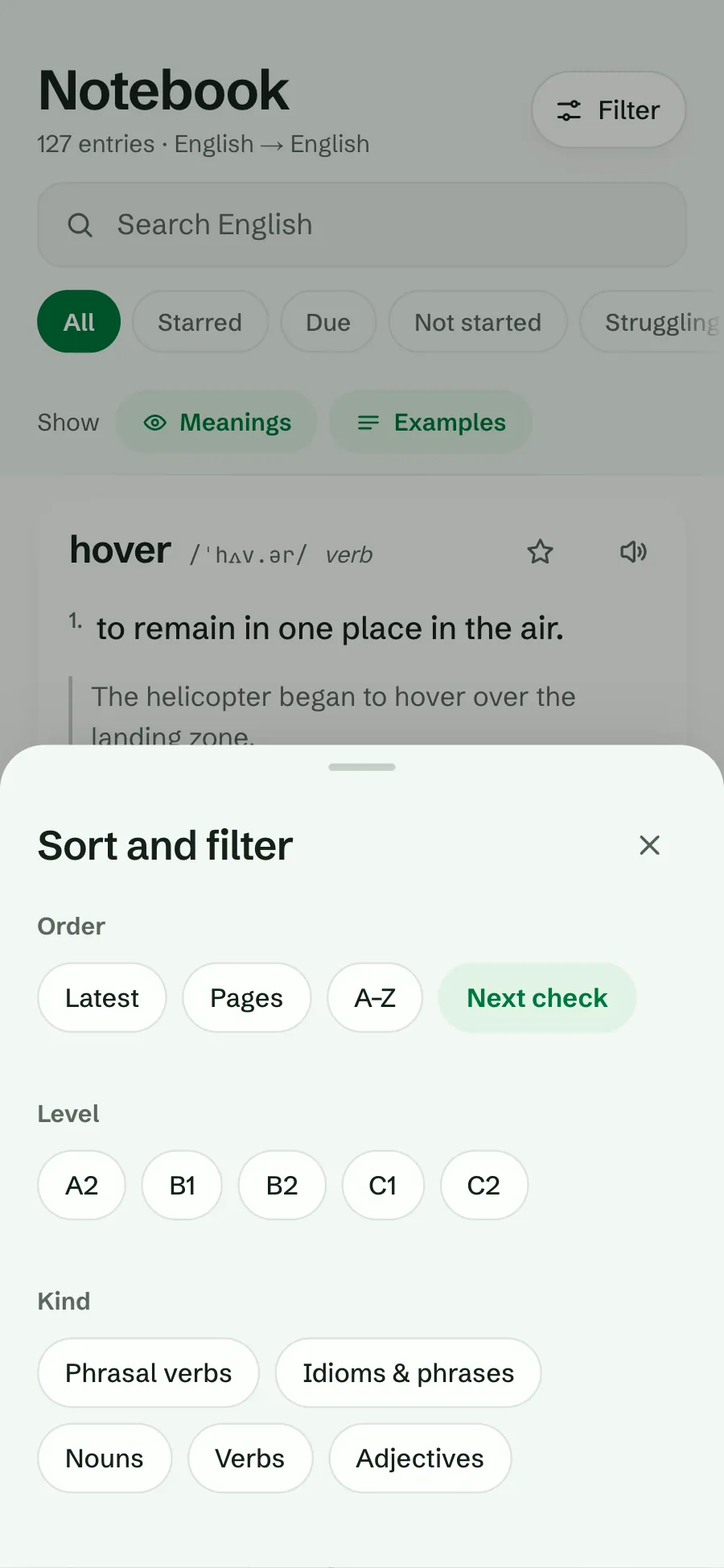 The Sort and filter sheet with the orders Latest, Pages, A–Z and Next check, Next check selected