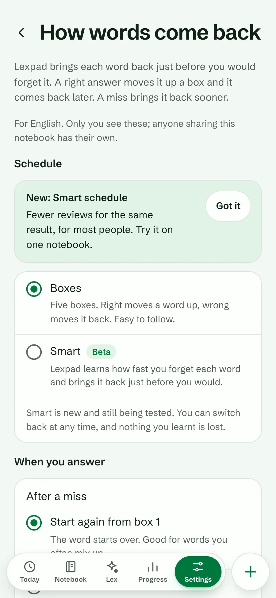 The How words come back page in Boxes, with the card New: Smart schedule and the Boxes and Smart (Beta) choices