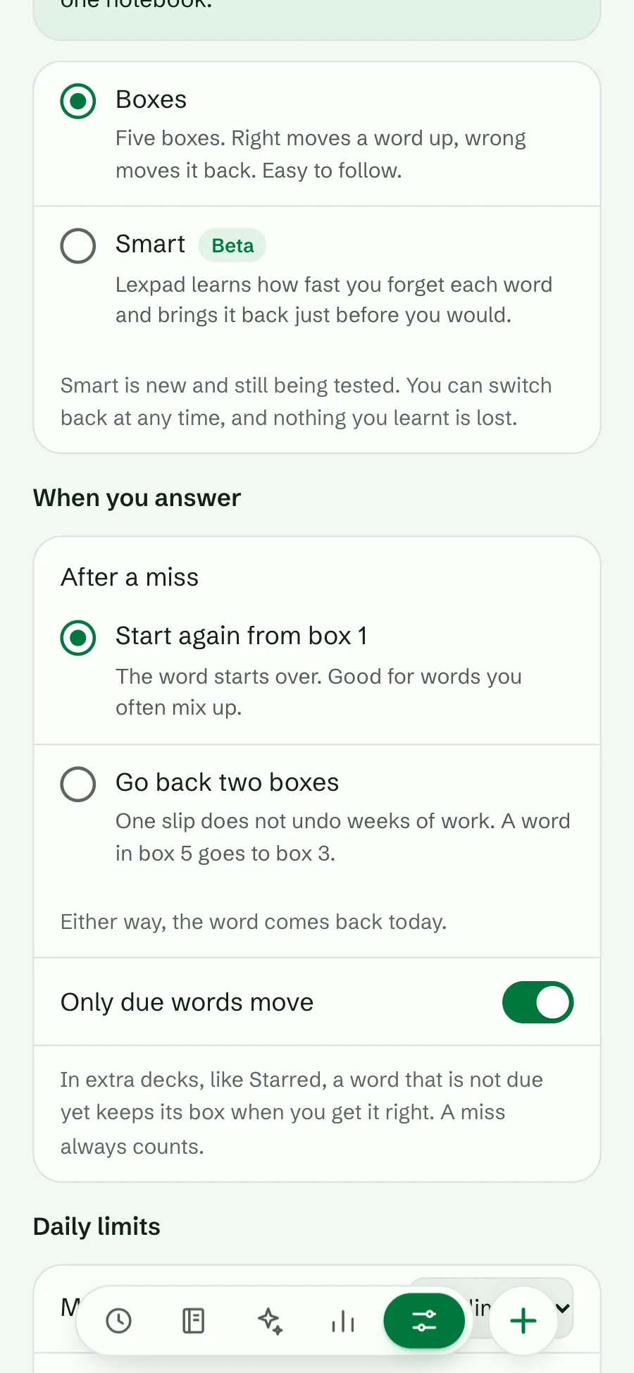 The After a miss choices: Start again from box 1, selected, and Go back two boxes