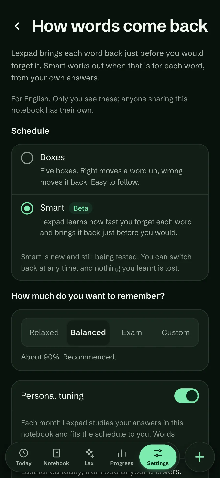 The How words come back page in the dark theme: Boxes or Smart (Beta), the Balanced target and the Personal tuning switch
