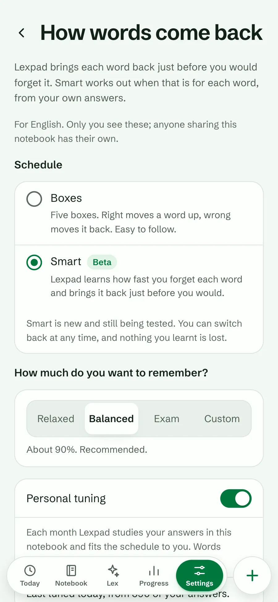 The How words come back page with Smart (Beta) chosen and the Balanced target