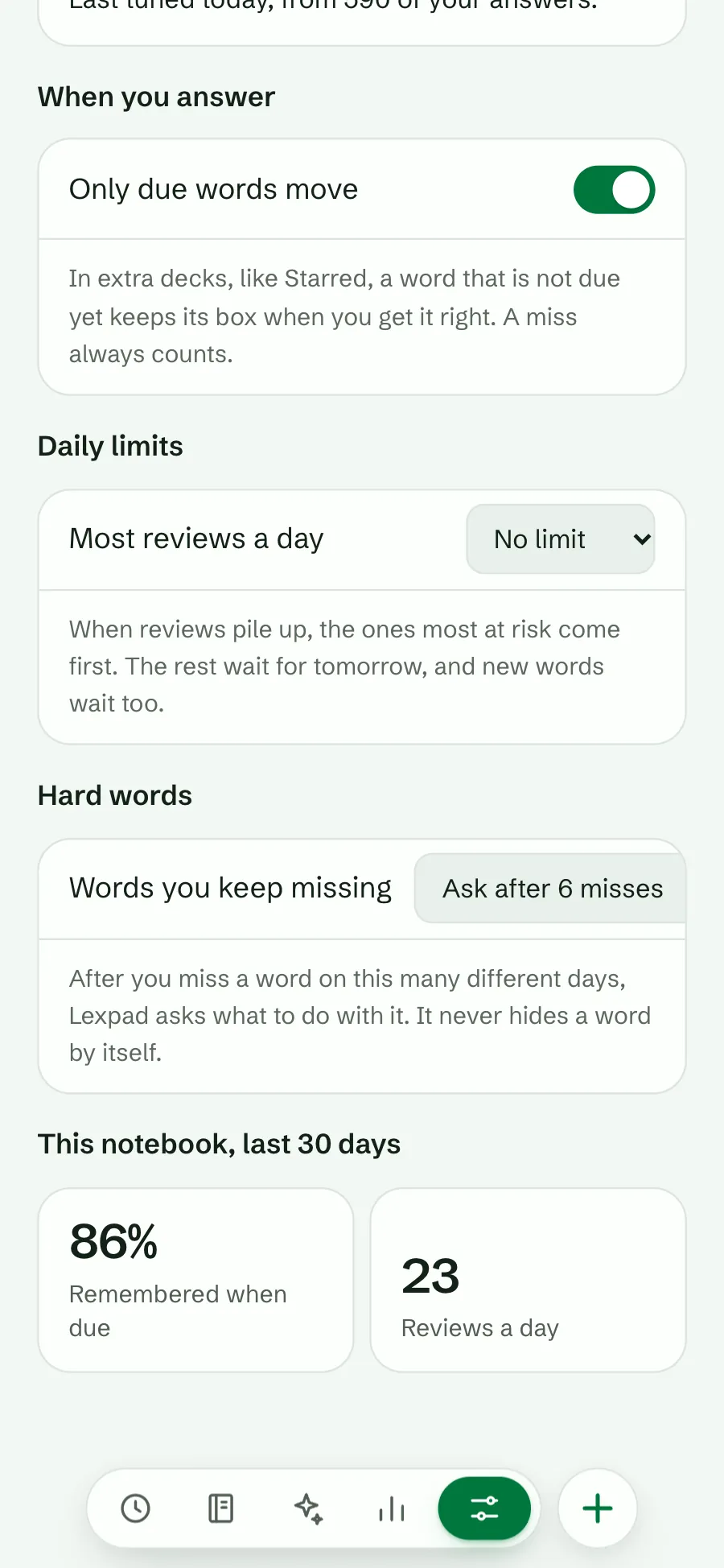 How words come back, at the bottom: This notebook, last 30 days, Remembered when due 86% and Reviews a day 23