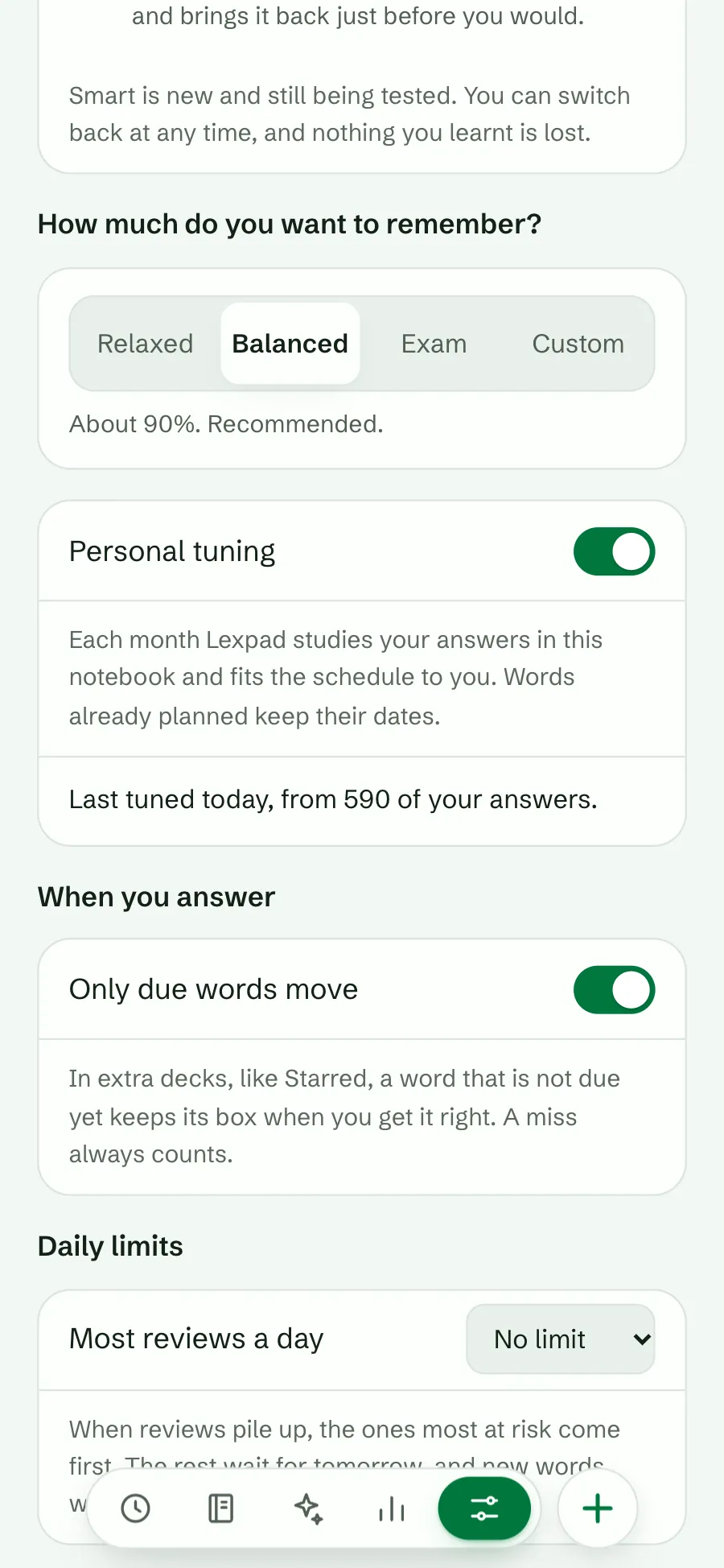 The Personal tuning switch on, with its note and Last tuned today, from 590 of your answers