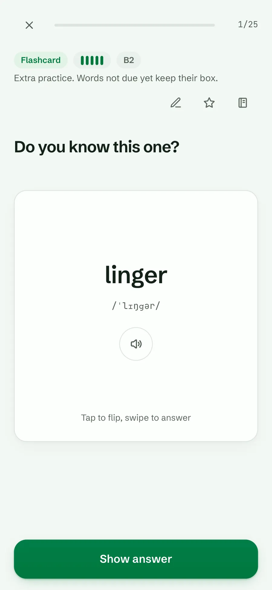 A flashcard for linger, a box 5 word, in a Mastered deck, with the line Extra practice. Words not due yet keep their box.