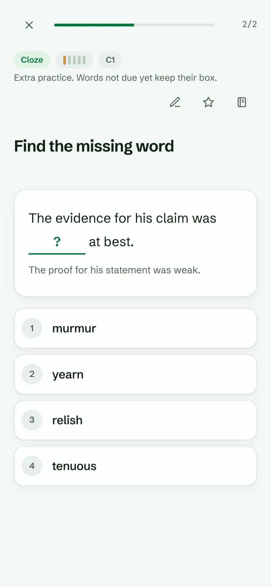 A cloze card for tenuous answered wrong: murmur marked wrong and tenuous shown as the right answer