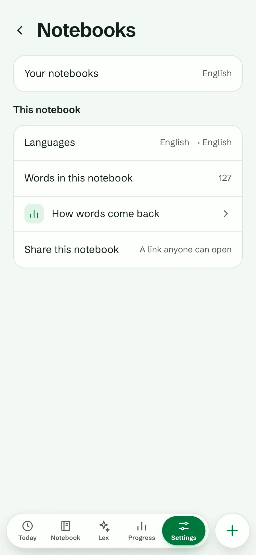 Settings, Notebooks: the English notebook with its languages, 127 words, a How words come back row and Share this notebook
