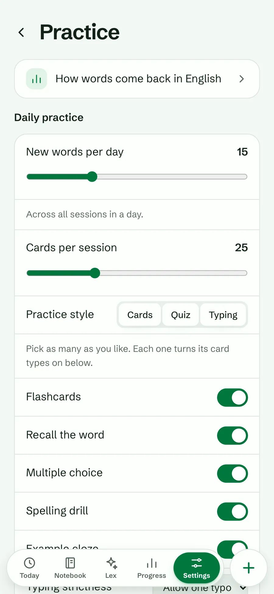 Settings, Practice: New words per day 15, Across all sessions in a day, and Cards per session 25