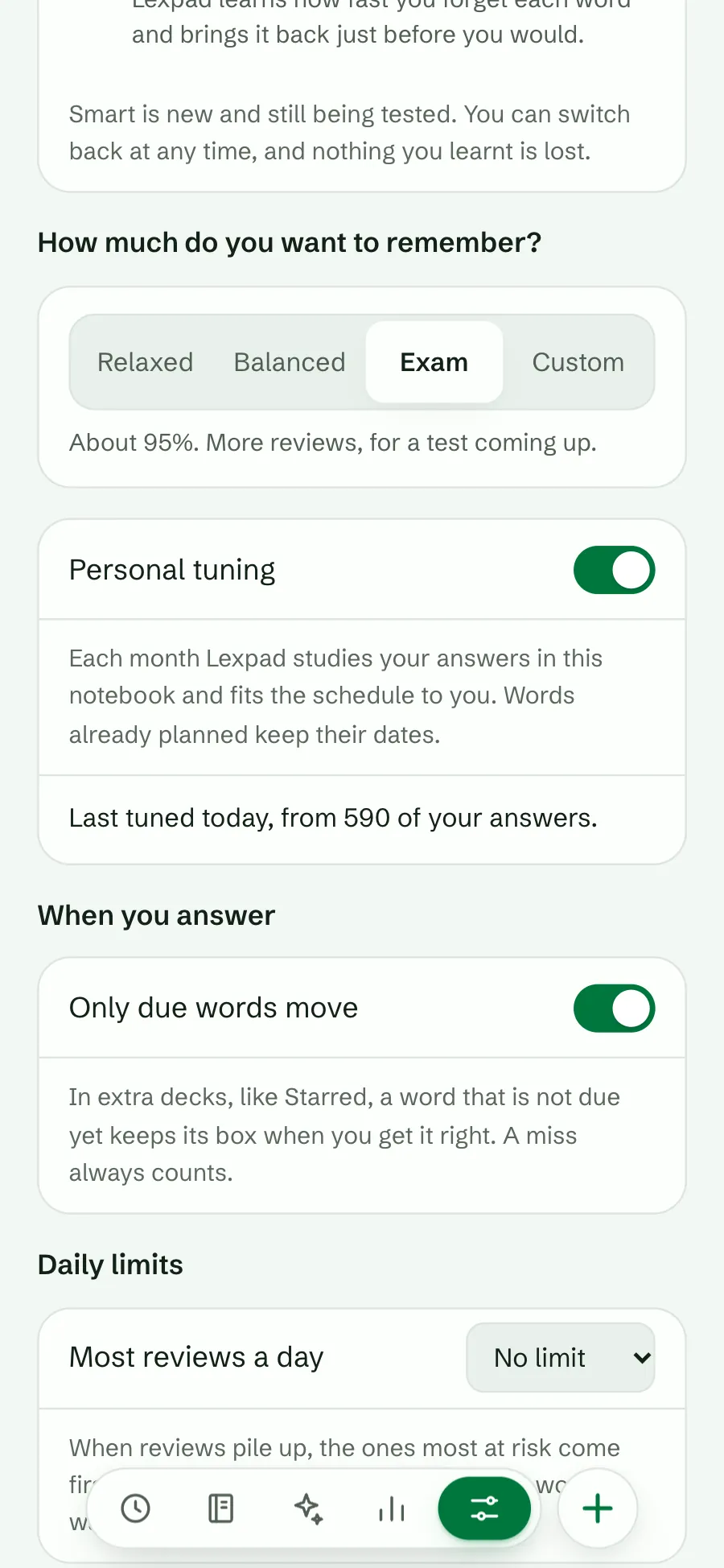 The target choices with Exam selected and the note About 95%. More reviews, for a test coming up.