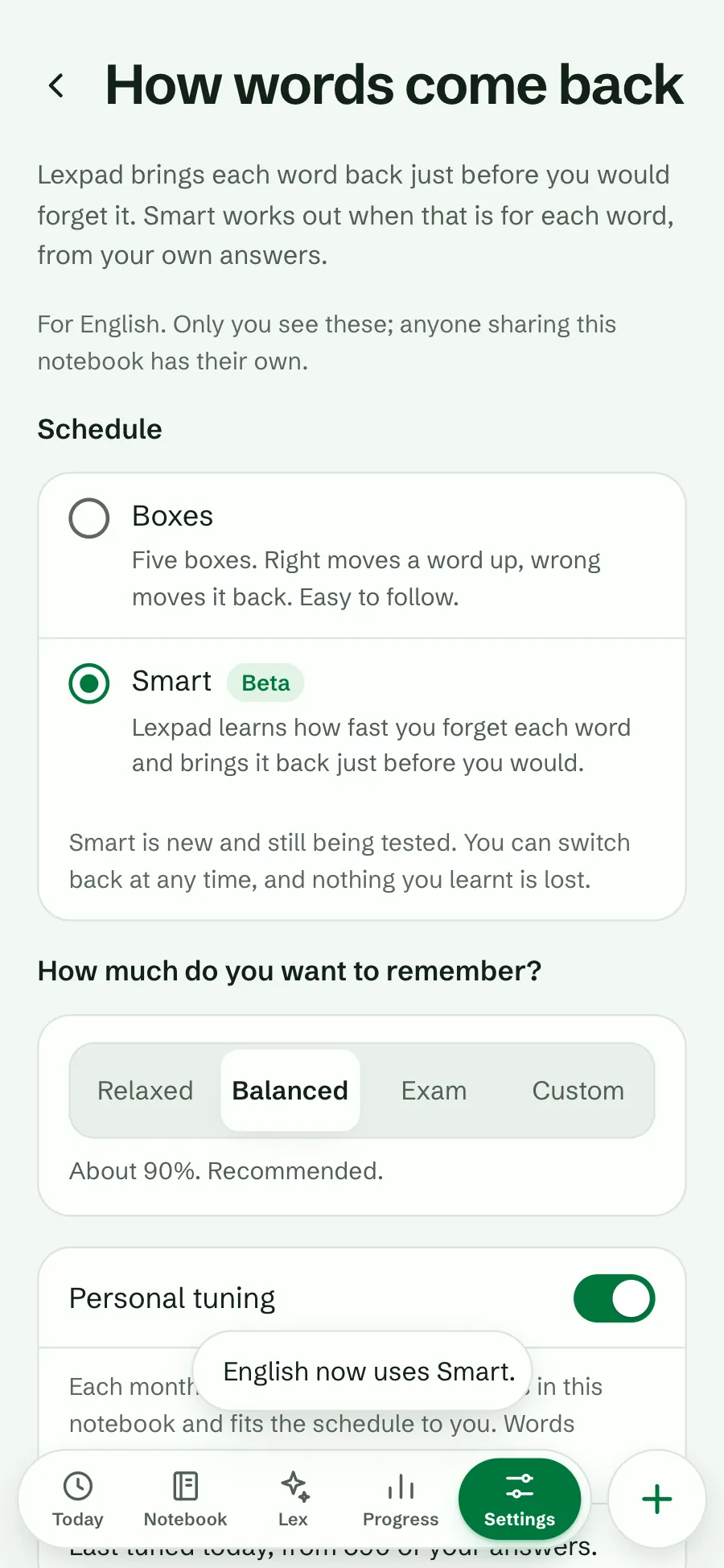 The schedule page after the switch with Smart chosen, Balanced selected and the message English now uses Smart