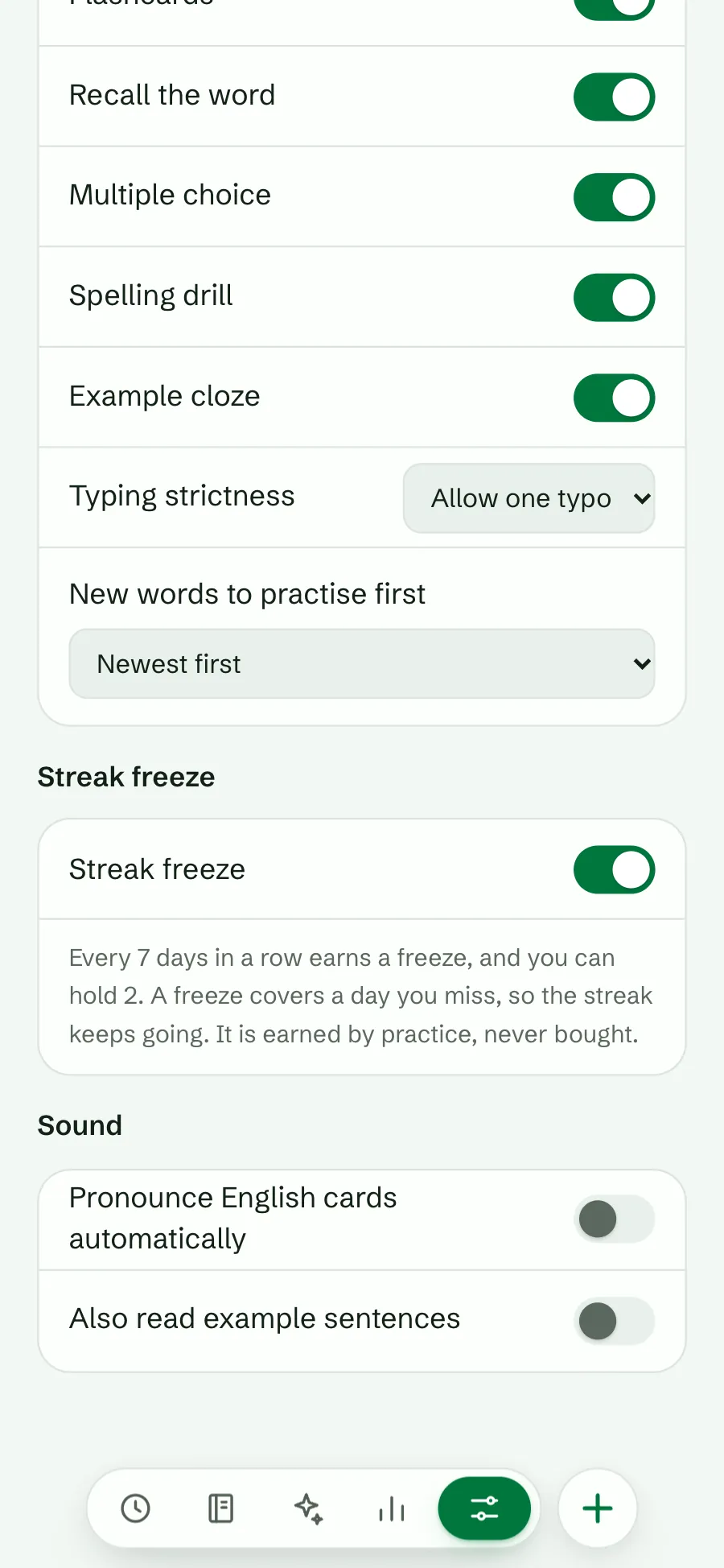 Settings, Practice: the Streak freeze switch, on, with its note: every 7 days in a row earns a freeze, you can hold 2
