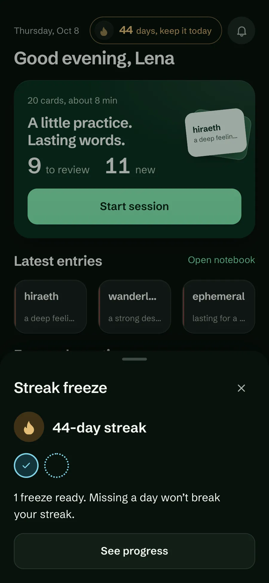 The Streak freeze sheet in the dark theme: a 44-day streak and one freeze ready