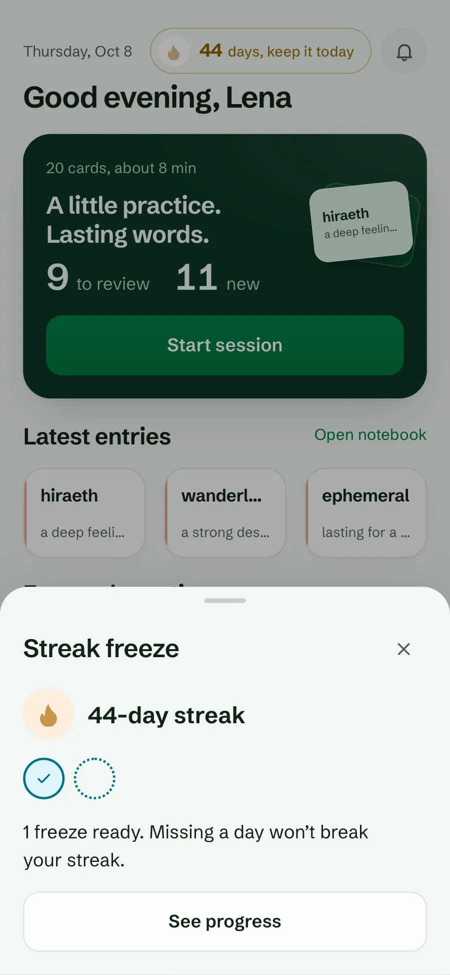 The Streak freeze sheet with a 44-day streak and one freeze ready