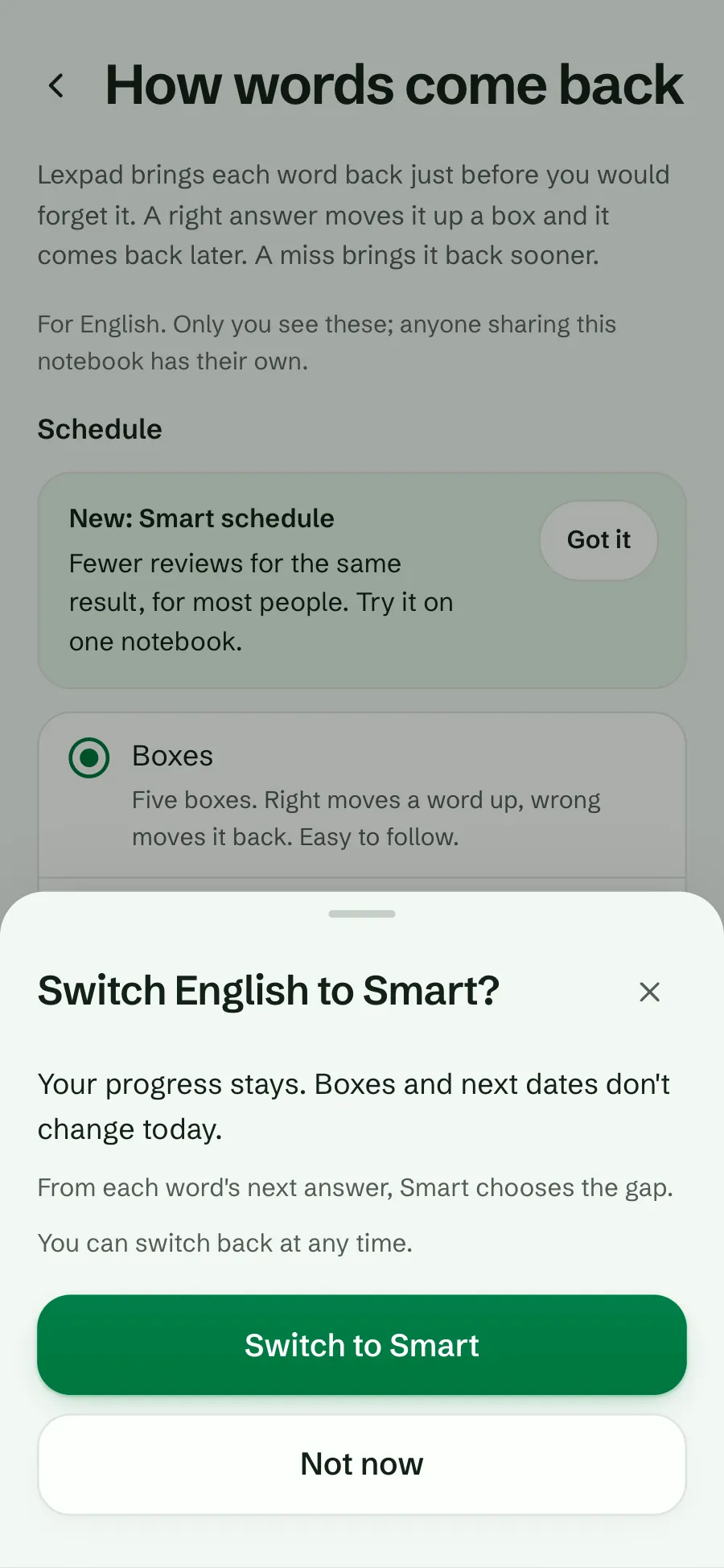 The sheet Switch English to Smart? saying progress stays, boxes and next dates do not change today, Smart chooses the gap from the next answer, and switch back any time